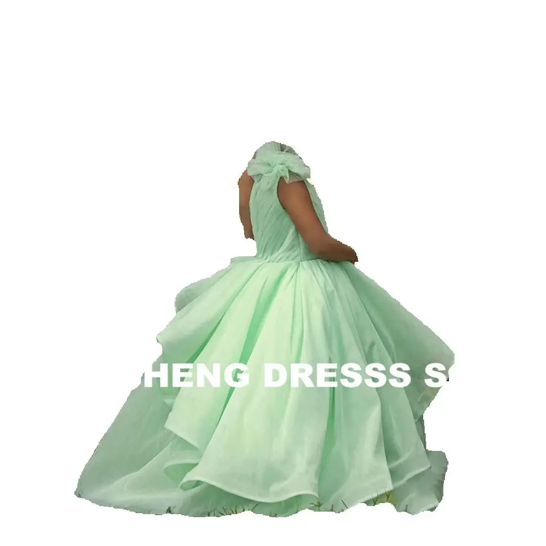 Vestido de menina flor personalizado para casamento, inchado, ombro único, babados, comprimento até o chão, princesa, festa de aniversário infantil, primeira comunhão