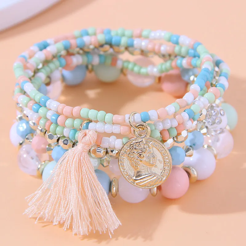 Bohemian Beaded Multi-layer Bracelet For Women New Fashion Gold Color Coin Pendant Tassel Bracelet Trendy Jewelry Gift