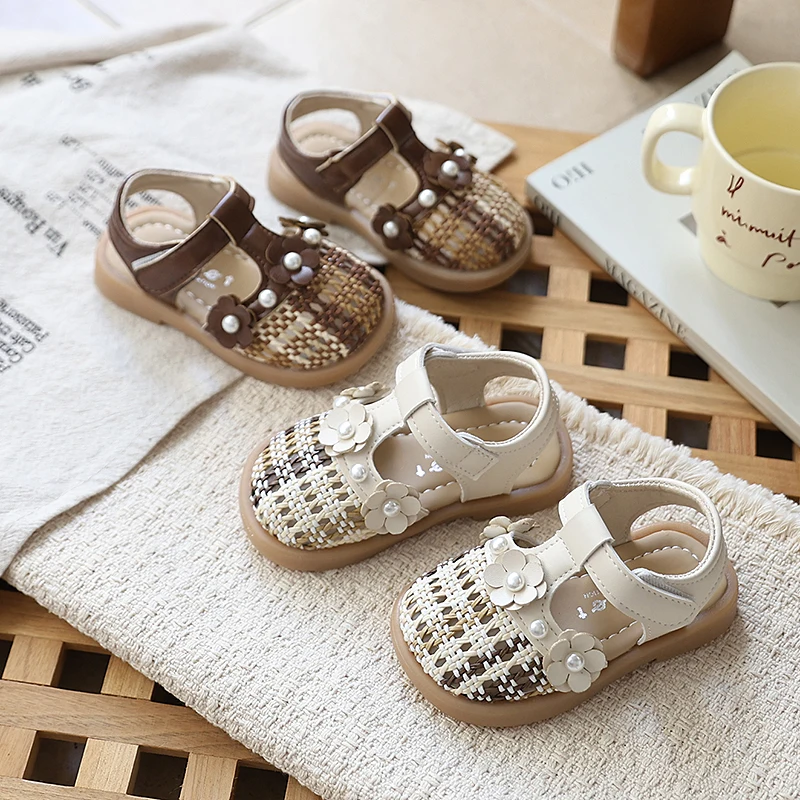 

Patchwork Braided Toes Flat Toddler Sandals Appliques Nice T-tied Baby Elegant Style Beaded Roman Shoes Infant Sandals JY06021