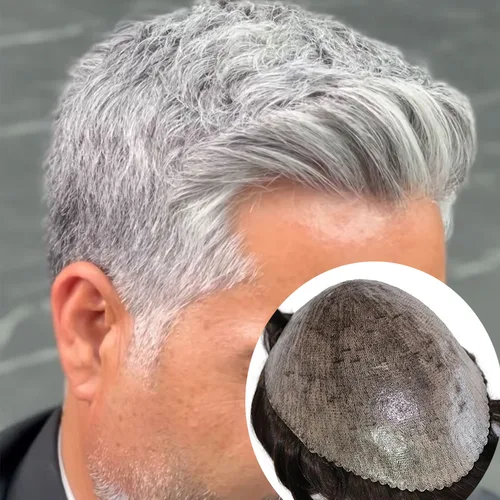 Imagen 1 del producto Línea de cabello Natural 1B80 1B50 blanco gris Rubio peluquín para hombres súper duradero fino HD Poly micropiel pelucas masculinas 100% cabello humano Prosthe