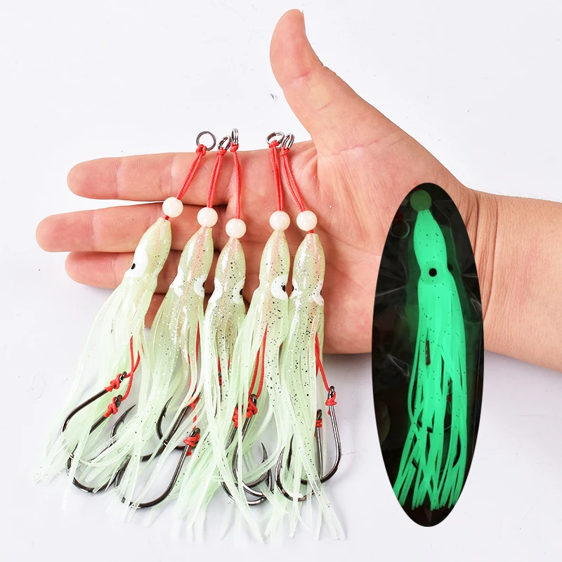 6pcs/pack fishing lure soft squid 12cm5.5g silicon gel skirt tentacle 15# double assist hook lure hook rig fish tackle saltwater