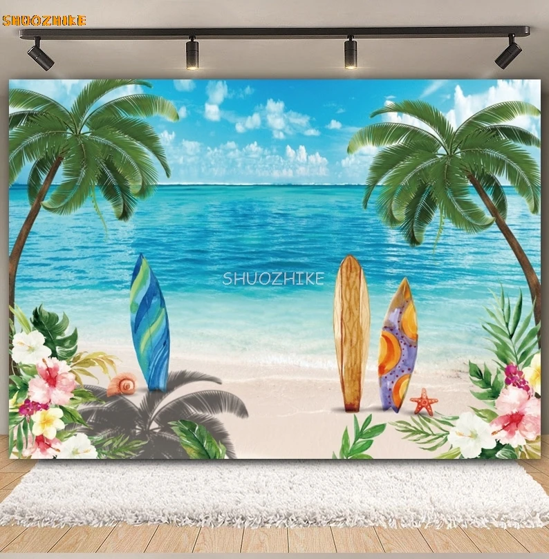 Fondo de playa Tropical hawaiana de verano Aloha Luau flamenco océano tabla de surf boda fiesta de cumpleaños fotografía decoración de fondo