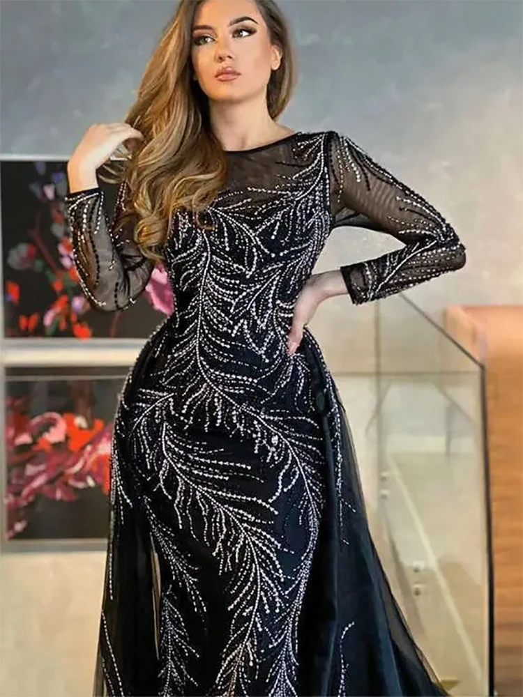 

Vintage Black Dresses Sequins Long Sleevees Beading Detachable Train Formal Evening Dresses Prom Gowns Customed