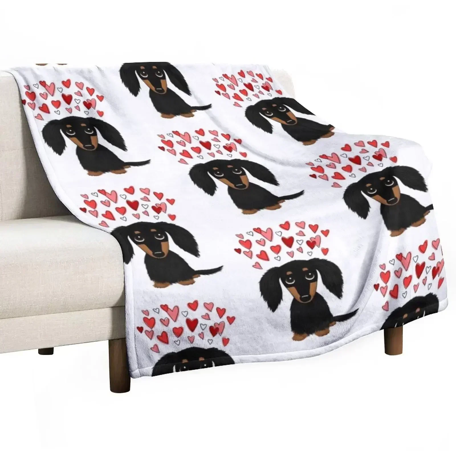 Black and Tan Longhaired Dachshund with Hearts Throw Blanket Loose Hair Blankets For Bed Blankets