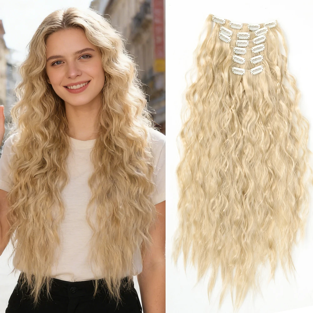 

Synthetic Hair Extensions 16Clips In 6PCS Set Curly 24inch Long Clip On Hairpiece Corn Wavy Style For Women Girls Daily Party