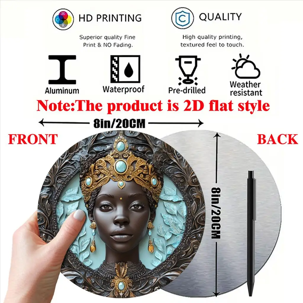 2D plano, 1 pieza, arte de pared de máscara tribal africana vintage, letrero redondo de metal de aluminio con detalles dorados y piedras preciosas turquesas, 8x8 Inc