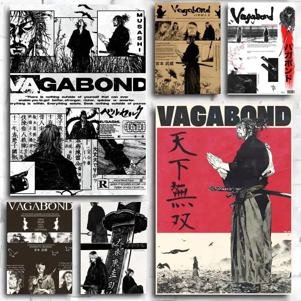Japanischer Anime Vintage Manga Miyamoto Musashi Vagabond Bushido Krieger Poster Kunstdruck Anime-Stil Dekoration Perfekte Raumdekoration