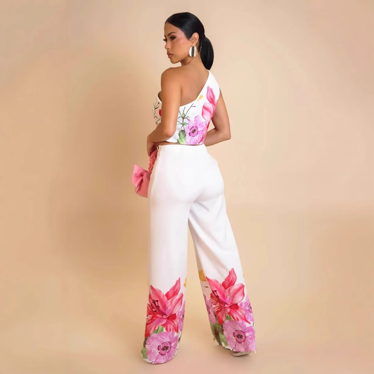 أزياء المرأة البدلة اقتصاص أعلى مائل الكتف سليم صالح الأزهار طباعة عطلة السراويل المستقيمة 2 قطعة مجموعة للإناث #3