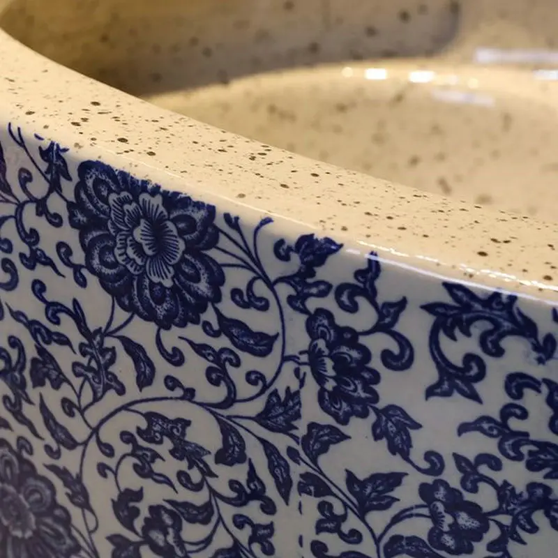 Artistic Vintage Blue and White One Piece Closestool Siphon Jet Fluishing S-Trap Floor Mounted Hotel KTV Bathroom Seat Toilet