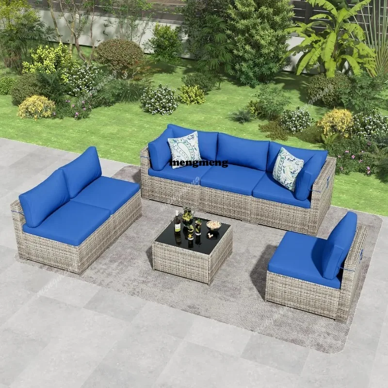 7 Piece Patio Furniture Set, Outdoor Wicker Patio Sofa Set, PE Rattan Sectional Couch with Glass Table and Blue, Customized