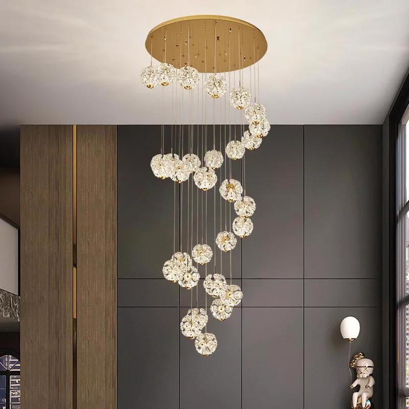 

Aesthetic Gold Crystal LED Pendant Light in American Luxury Style for Staircase Suspension Chandelier Home Decor