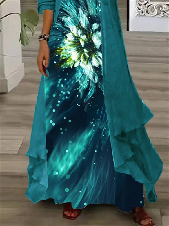 Robe Maxi à Manches sulfet Col en V pour Femme, Vêtement à Paillettes Florales, Imprimé Graphique, Deux Pièces, Grande Taille