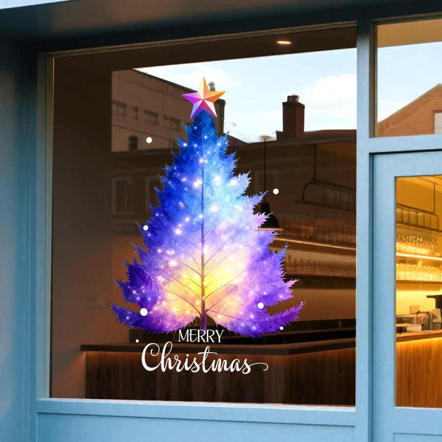 1개 45cm * 60cm 크리스마스 창문 스티커, 정전기 유리 스티커, 크리스마스 트리, 별, 메리 크리스마스 인사말 및 기타 요소 패턴 포함, 가정 창문, 침실, 학교, 레스토랑, 사무실 및 기타 휴일 파티 용품 장식에 적합, 접착 필름 한 장