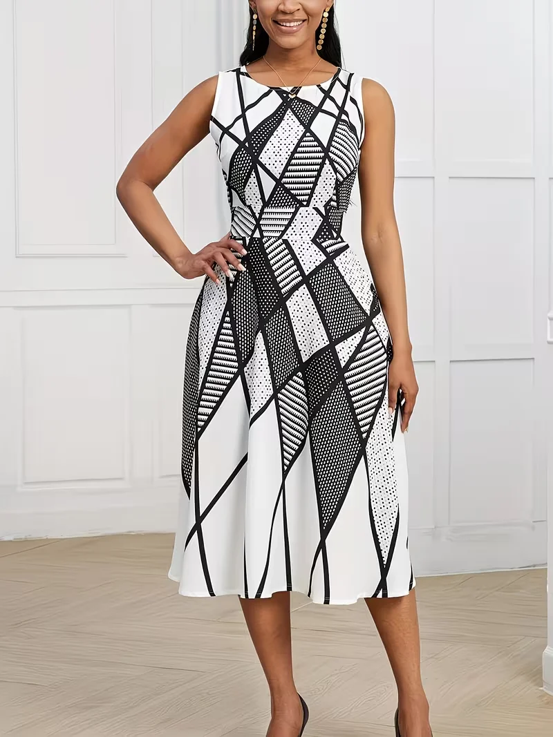 Women Summer Elegant Plus Size Sleeveless Round Neck Midi Geometric Print Beach Cover Up With Pockets Swing Dress