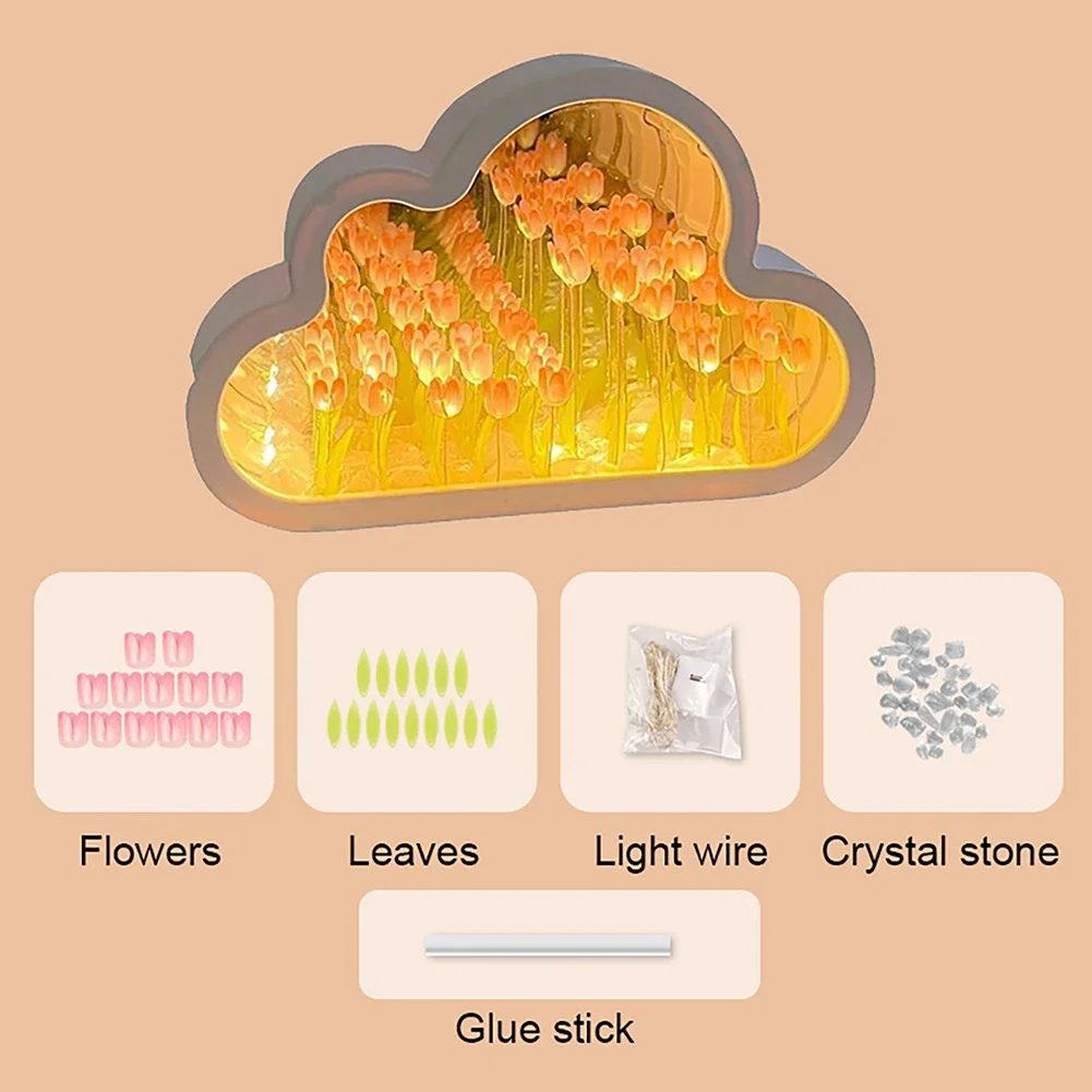 โคมไฟดอกทิวลิปแบบเมฆสำหรับห้องนอนไฟกลางคืนกระจกรูปดอกทิวลิปแบบ DIY เมฆเครื่องประดับสำหรับการตกแต่งบ้านวันเกิดของขวัญวันคริสต์มาส