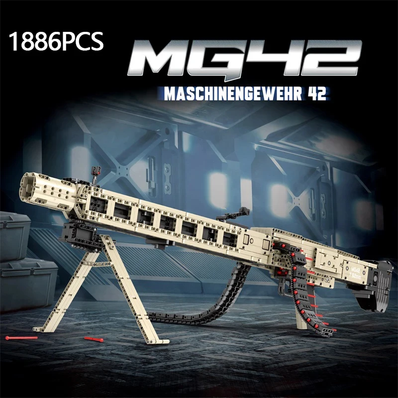 1886PCS Technology Electric MG42 Machine Gun Building Block WW2 Battlefield Classic Heavy Weapon Series Bricks Toys For Children