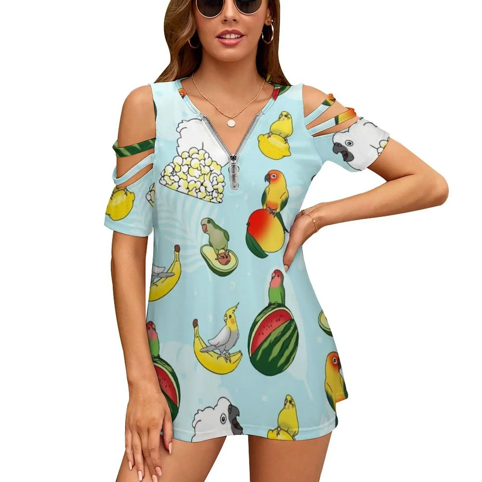 Fruit Birbs Pattern New Fashion Zip Off Shoulder Top Short-Sleeve Women Shirt Sun Conure Monk Parakeet Parrot Avocado Cockatiel