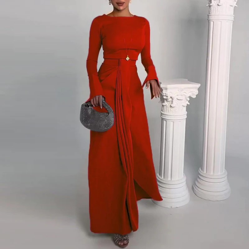 

Casual Solid Prom Dress Elegant O Neck High Waist Pleated Commuter Dress New Autumn Fashion Flared Sleeve Split Long Dress