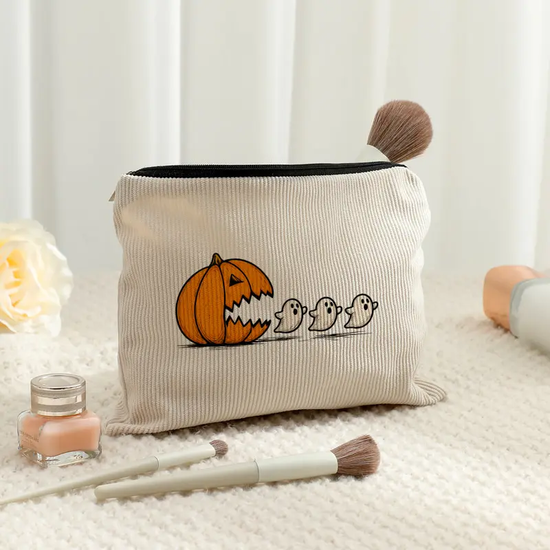 Halloween Funny Pumpkin Ghost Print Corduroy Cosmetic Bag Cute Cartoon Zipper Pouch Travel Makeup Toiletry Storage Gift