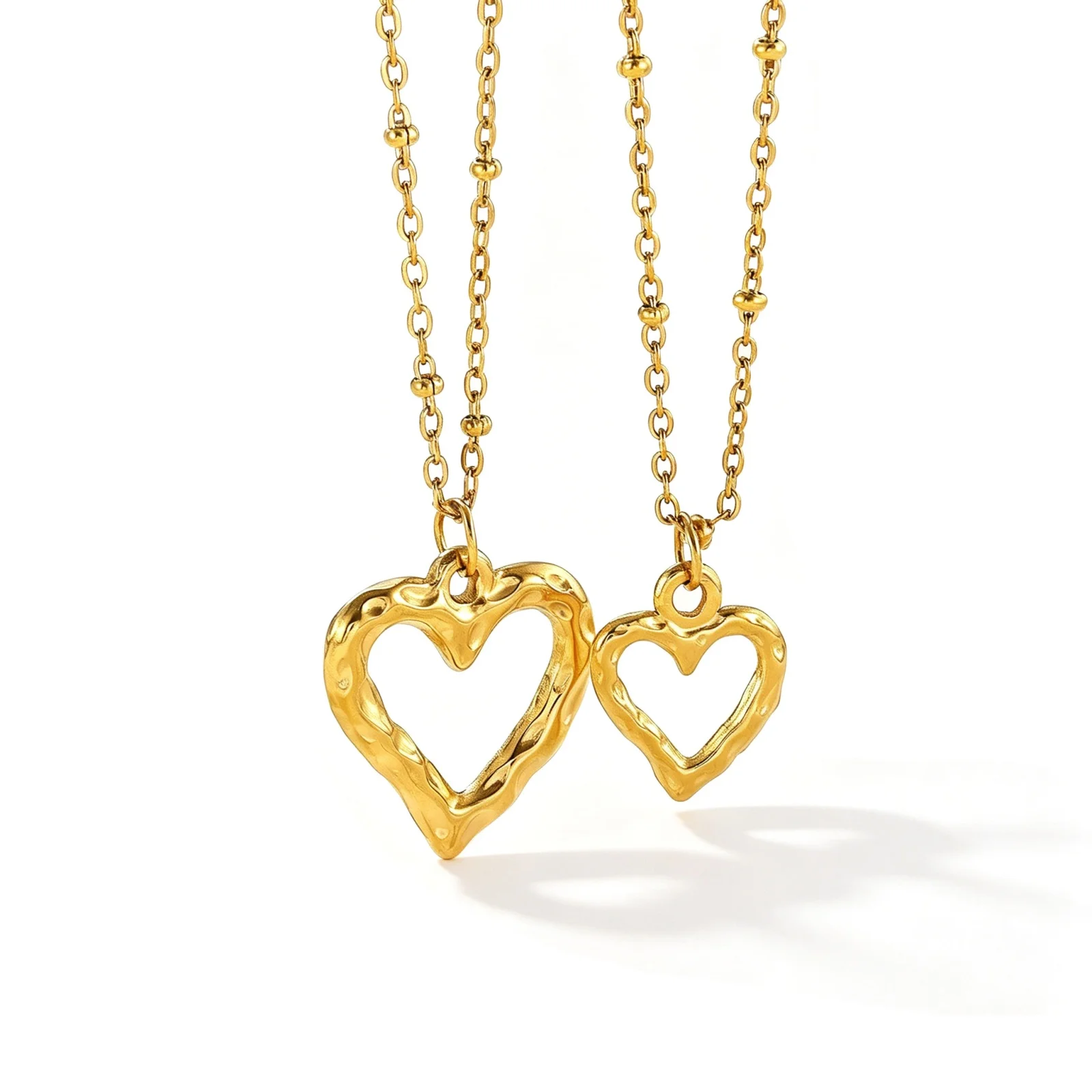 1Pc Valentine's Day Hammered Heart Pendant Necklace 18K Gold Plated 304 Stainless Steel Beaded Chain Necklace Women Gift Jewelry