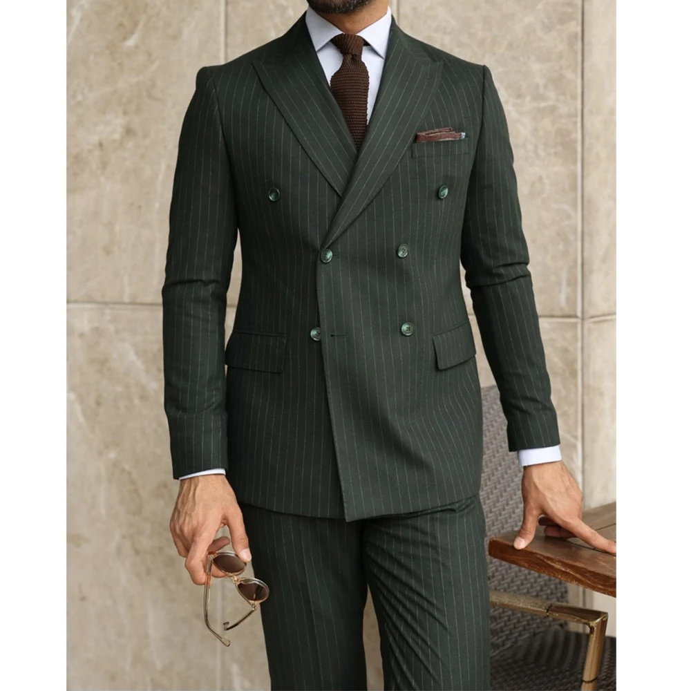 

Classic Men Suits Double Breasted Pinstripe Business 2 Pieces Jacket Pant High Quality Formal Occasion Male Clothing Banquet