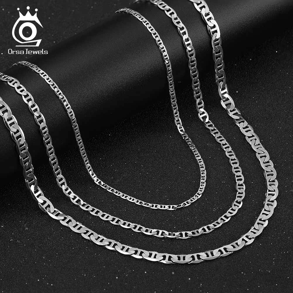 ORSA JEWELS Italian 3mm 5mm Width Flat Mariner Chain Necklace Genuine 925 Sterling Silver Mariner Collares Rhodium Plated SC78