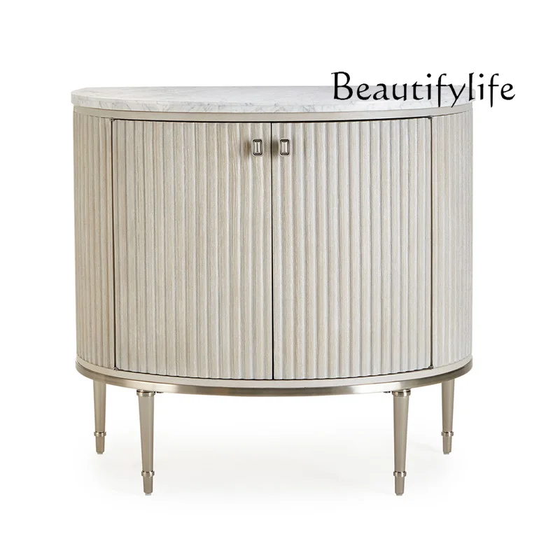 

American modern light luxury door cabinet solid wood marble entrance hall semicircular decorative cabinet living room locker