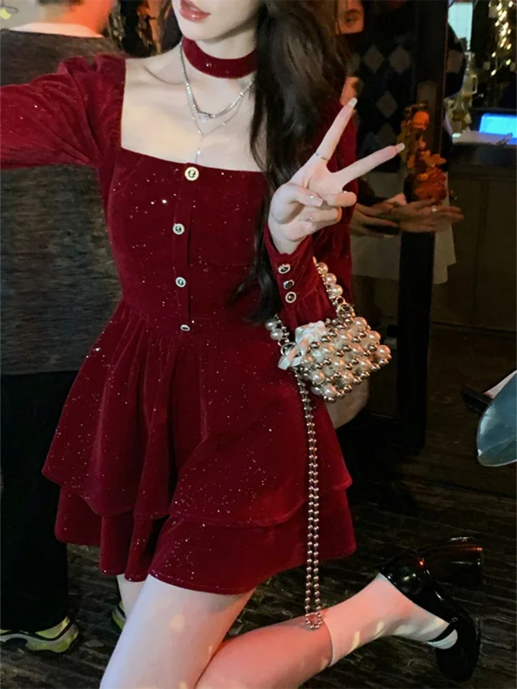 Christmas Red Elegant Velvet Dress Women France Designer Vintage Mini Dress Female Korean Fashion Party Y2k Dress Winter 2023