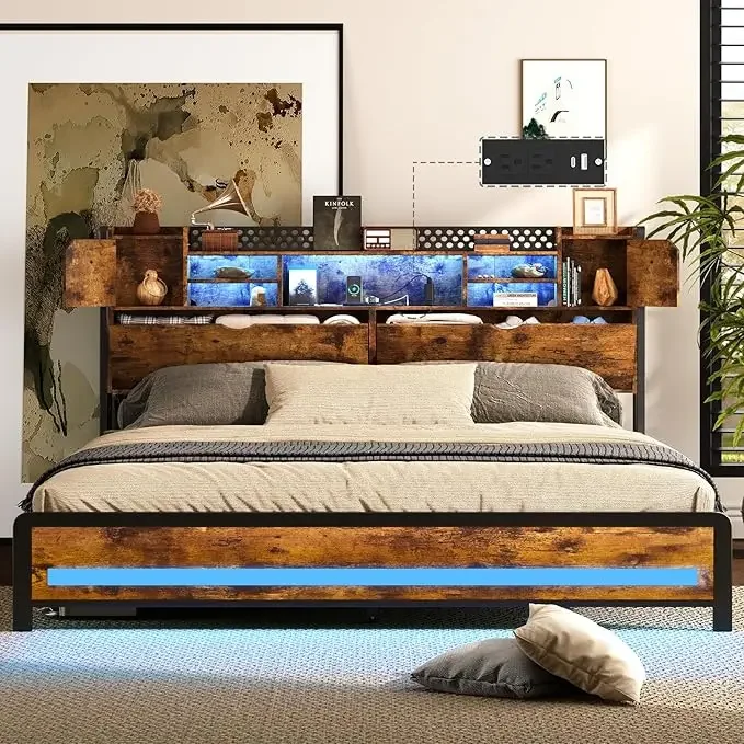 King size Bed Frame with Charging Station Adjustable RGB LED light 3 tier storage headboard with hidden storage space Heavy duty