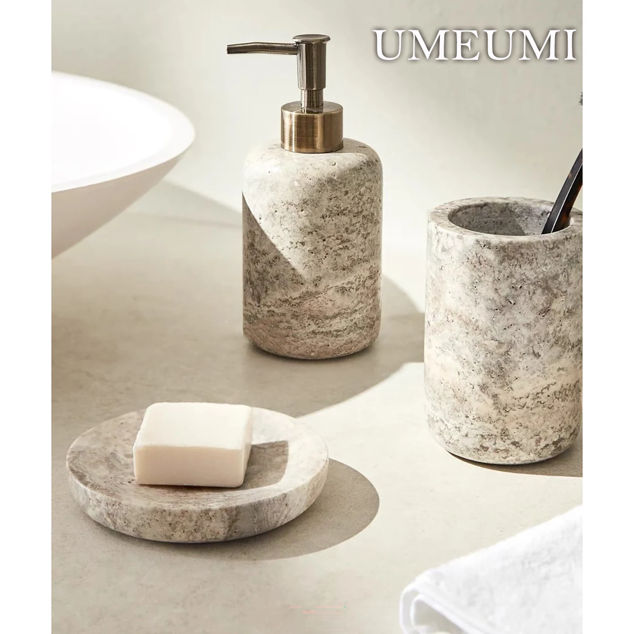 Natural Bathroom Natural Marble Set Gray Travertine Soap Bottle Toothbrush Holder Stone Home Decoration