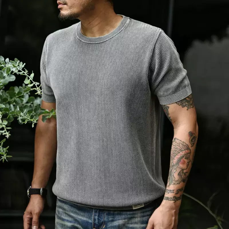 Sauce Zhan Men’s Summer Knit T-Shirt  Short Sleeve Tee  Classic Crew Neck Loose Fit
