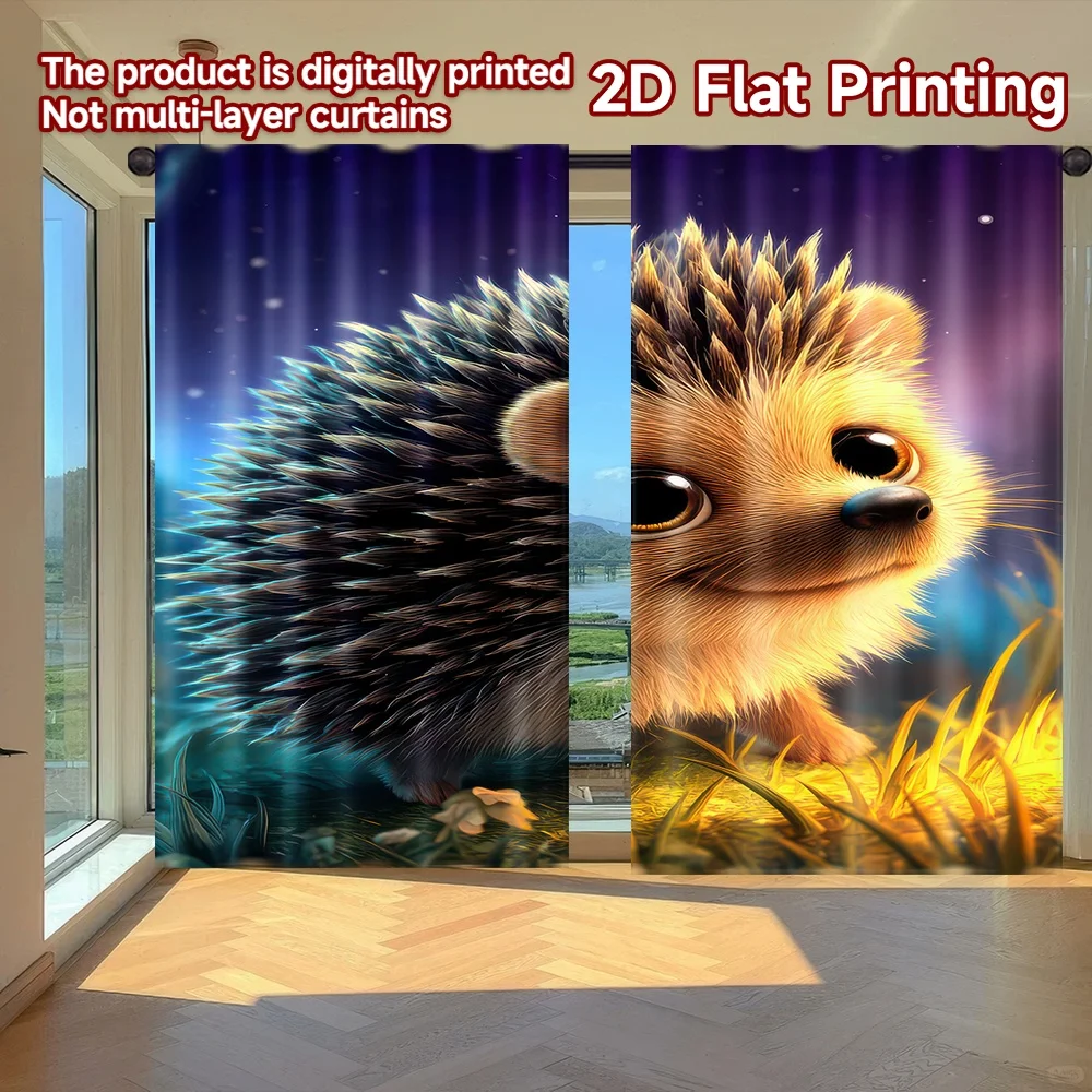 

2D flat printing 2pcs Window Curtains Smiling Cartoon Hedgehog Digital Printed Polyester Drapes Family Party Decoration for