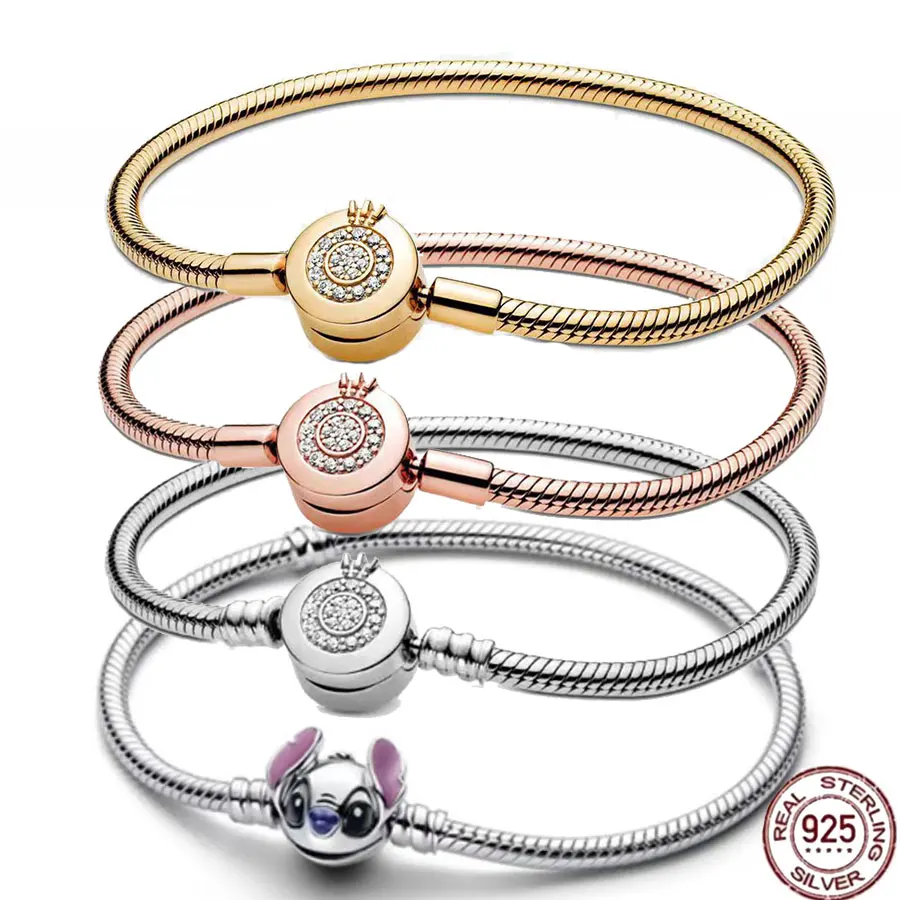 La catena in osso di serpente Disney Crown in argento sterling 925 più venduta, perfetta per il braccialetto DlY originale! Moda compleanno femminile