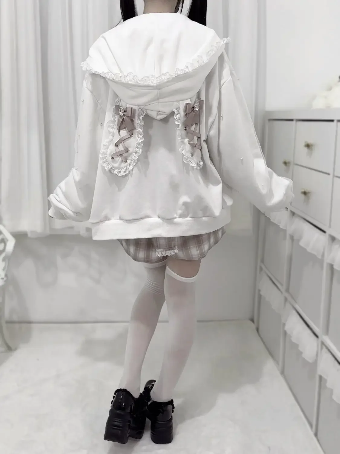 Manteaux japonais en gaze de perles pour femmes, vestes en dentelle esthétique Y2k avec oreilles de lapin, décontractées, surdimensionnées, Harajuku Kawaii, haut à capuche