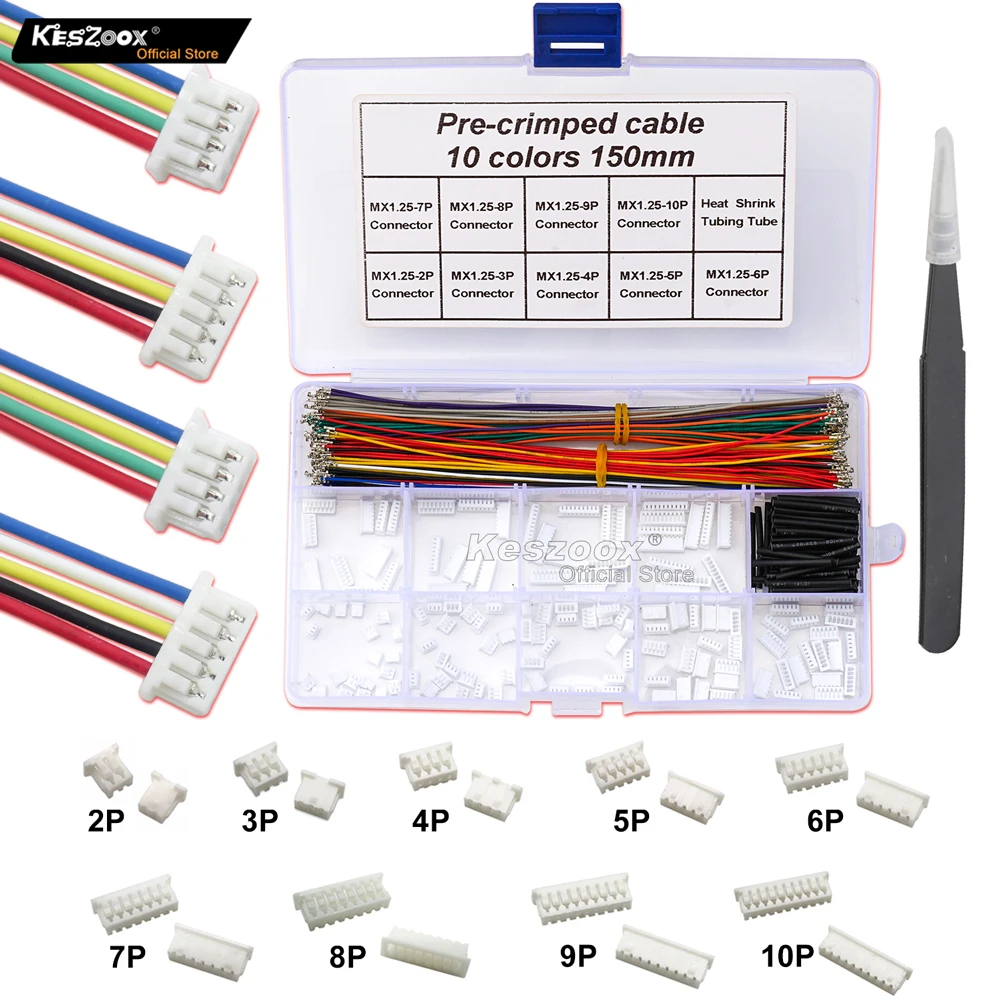 keszoox Molex51021-02/03/04/05/06/07/08/09/1000 1.25mm Male Connector Kit 10color Crimp Terminal Wire 53047-0260 53048 53261-02