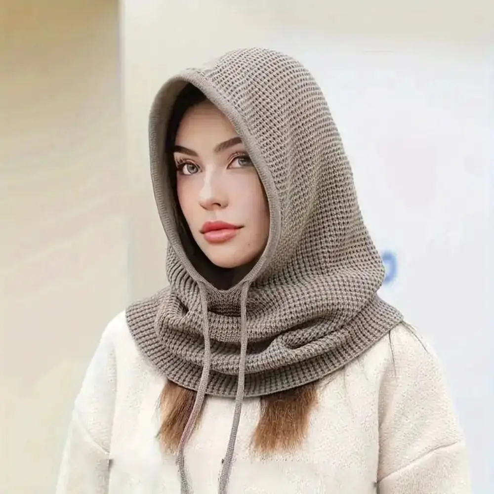 Simple Solid Color Drawstring Balaclavas Hat Soft Warm Pullover Cap Earmuff Windproof Winter Neckerchief Women