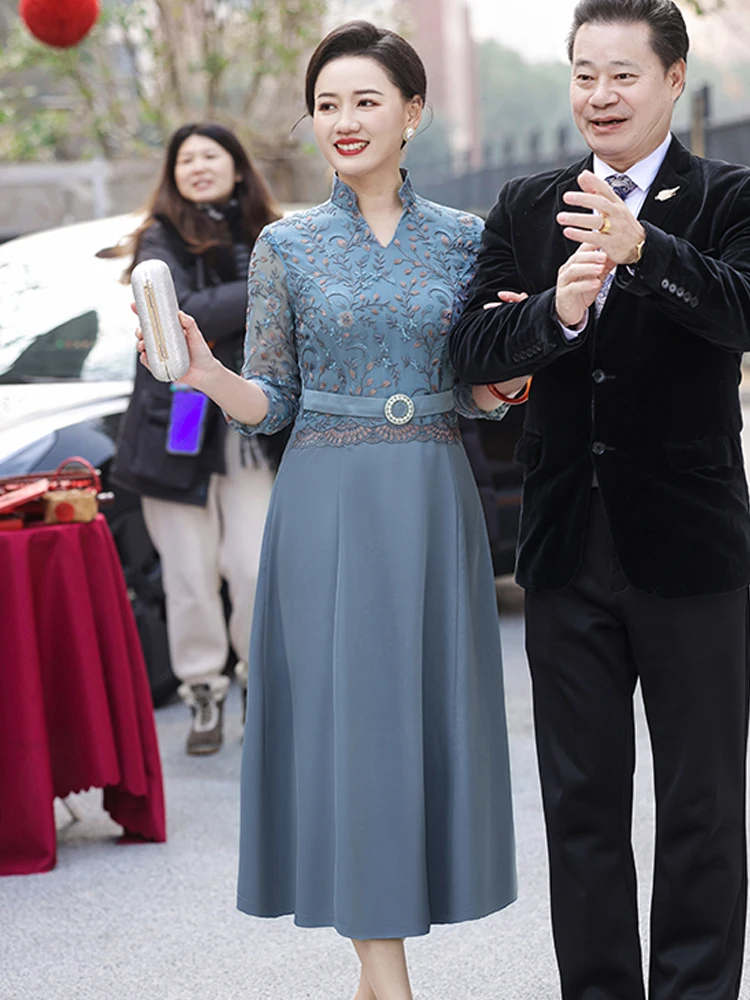 

Elegant Blue Wedding Dress for Mother of the Bride Spring Autumn Midi Dress Zipper Closure Lace Fabric V-Neckline