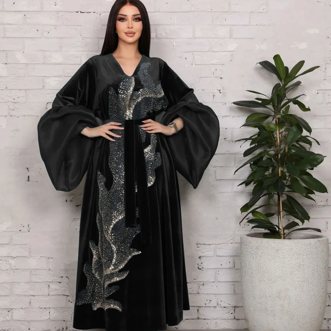 2025 Spring Fall Women Sequined Flare Sleeve Patchwork Blue Black Velvet Long Dress , Woman Dubai Muslim Glitters Velour Dresses