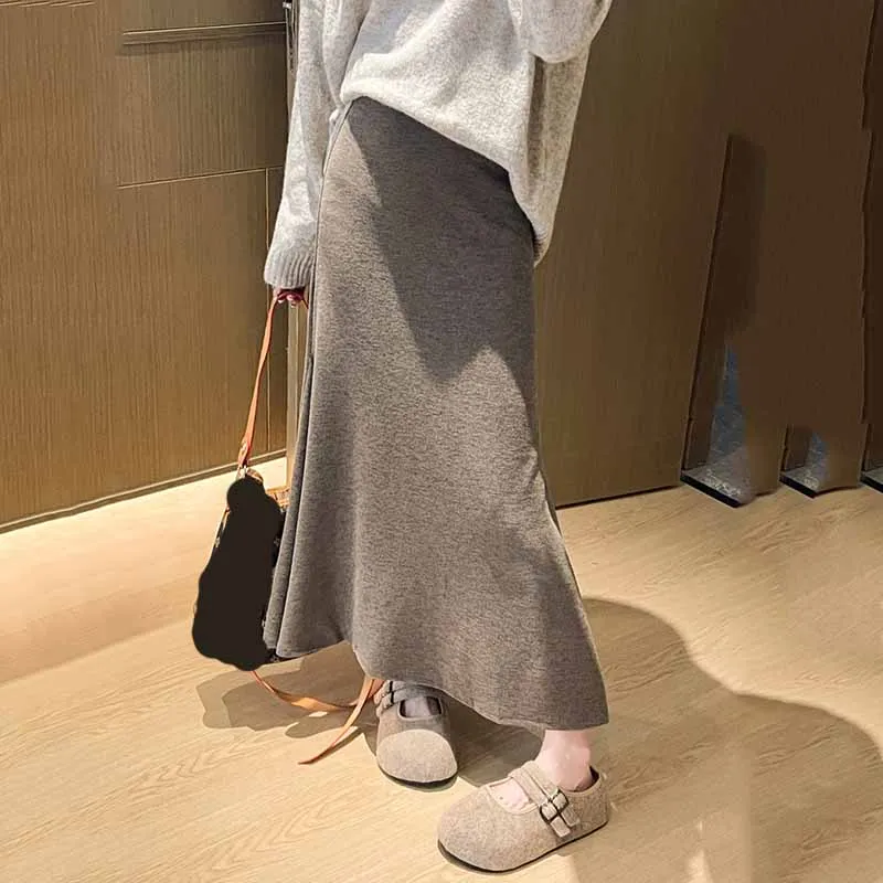 Elegant High Waisted Fishtail Skirt for Women Autumn Winter Vintage Knitted Maxi Skirts Woman Korean Lazy Style Solid Long Skirt