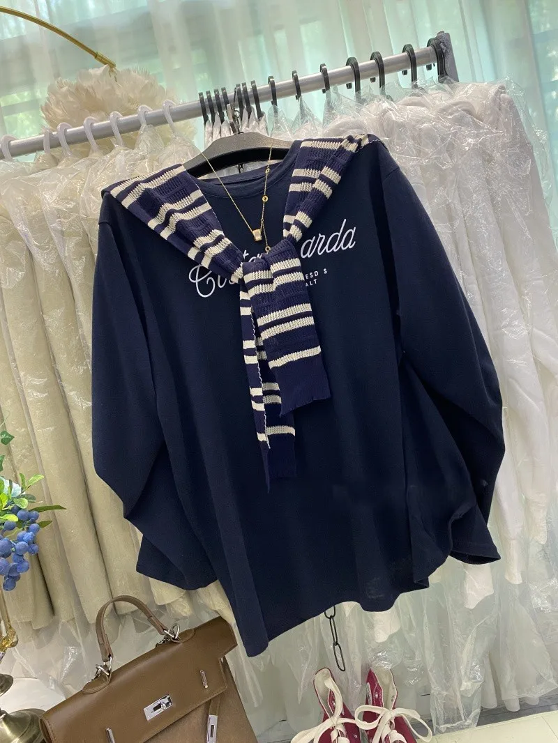 

Long Sleeved T Shirts Oversized Woman Womens Autumn Ribbed Cuff Lantern Sleeve Wide Stripe Drop Shoulder Smart Student French OL