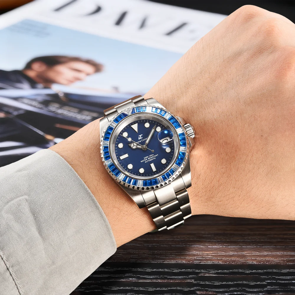 40.5 مللي متر ساعة ساعة رجالي عالية الجودة طائرة فضية الياقوت ساعة زجاجية NH35 ساعة يد تعمل بالحركة NH35 الماس رصع ساعة