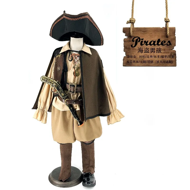 Halloween Retro Pirate Cosplay Cloak, Gorgeous Navigation‑Style Cape for Boys Girls Kids Fancy Dress for Party Stage Performance