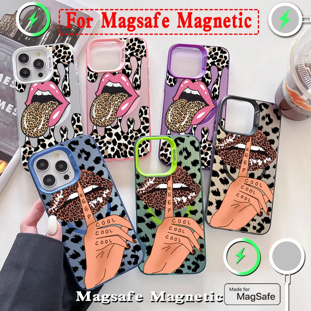 Hot Red Lip Leopard Print Magsafe Magnetic Case for iPhone 11 12 13 14 15 16 Pro Max Plus Soft Silver Plated Anti Fall Cover