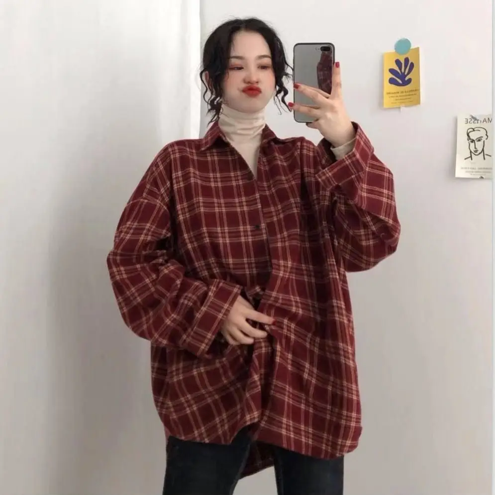 Shirts Women Long Sleeve Oversize Plaid Loose Shirt Students Vintage All-match Japanese Style Harajuku Blouses Casual Elegant