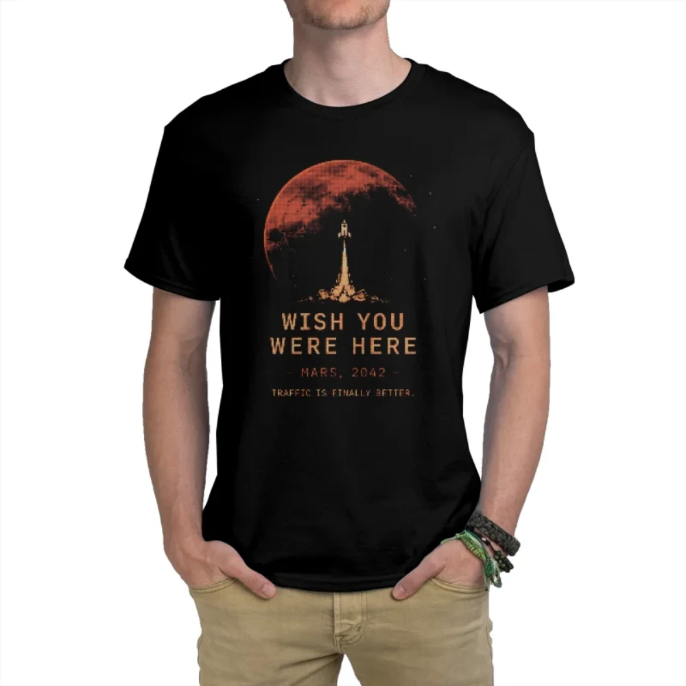 Camiseta negra retro Mars 2042 para hombre y mujer, camiseta gráfica divertida con diseño de lanzamiento de cohete del planeta rojo Pixel, te gustaría estar aquí, viaje espacial