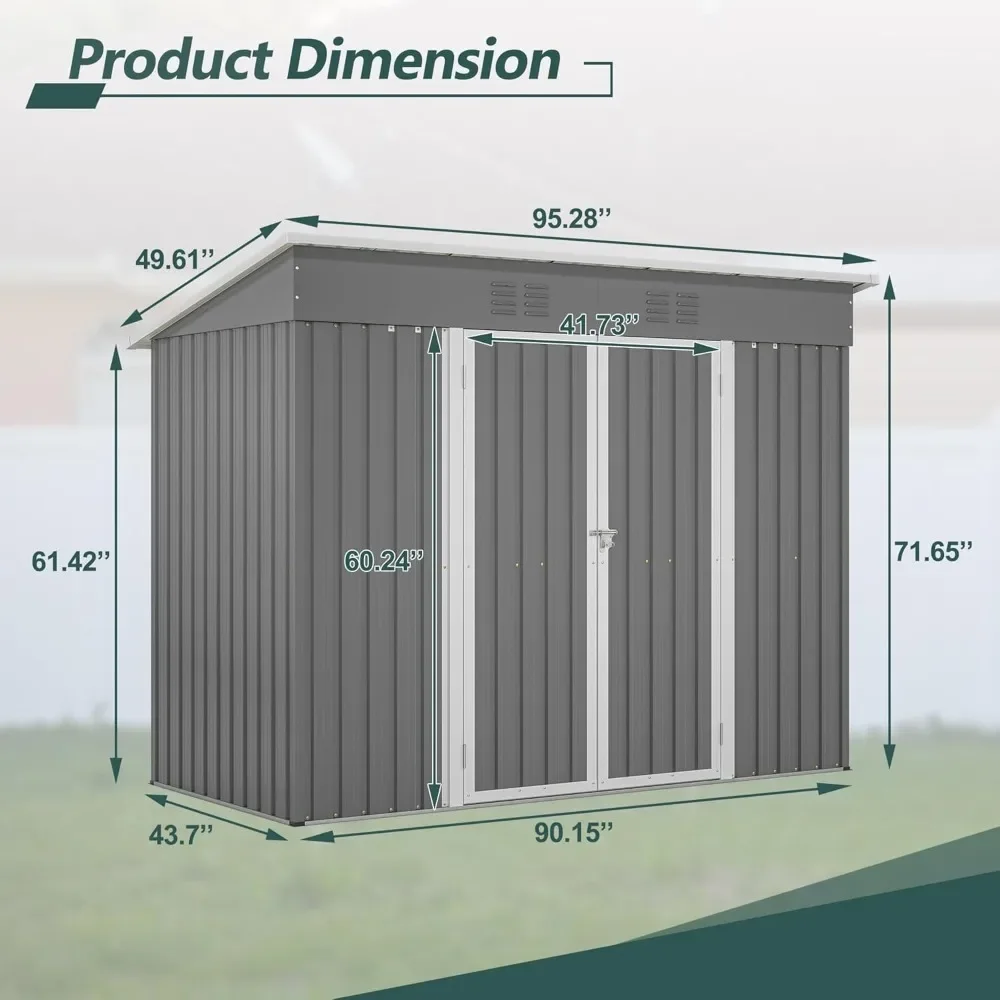 8 X 4 FT Large Metal Utility Tool Sheds with Floor Frame, Steel Garden Shed for Backyard Garden Patio Lawn