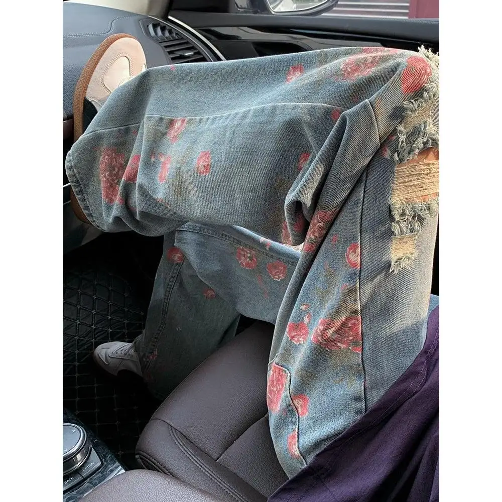 

Men's Summer Thin Floral Jeans Hole Design Slim Straight Leg High Street Sle Casual Straight Leg Jeans mid Waist Polyester ...
