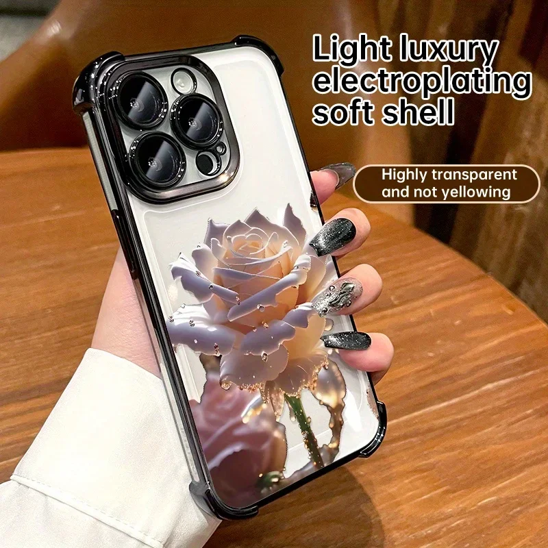 クリスタルジェイドローズデザインのフロスト加工スマホケース、Apple iPhone17 16 15 14 13 12 11 Pro Max Plus対応