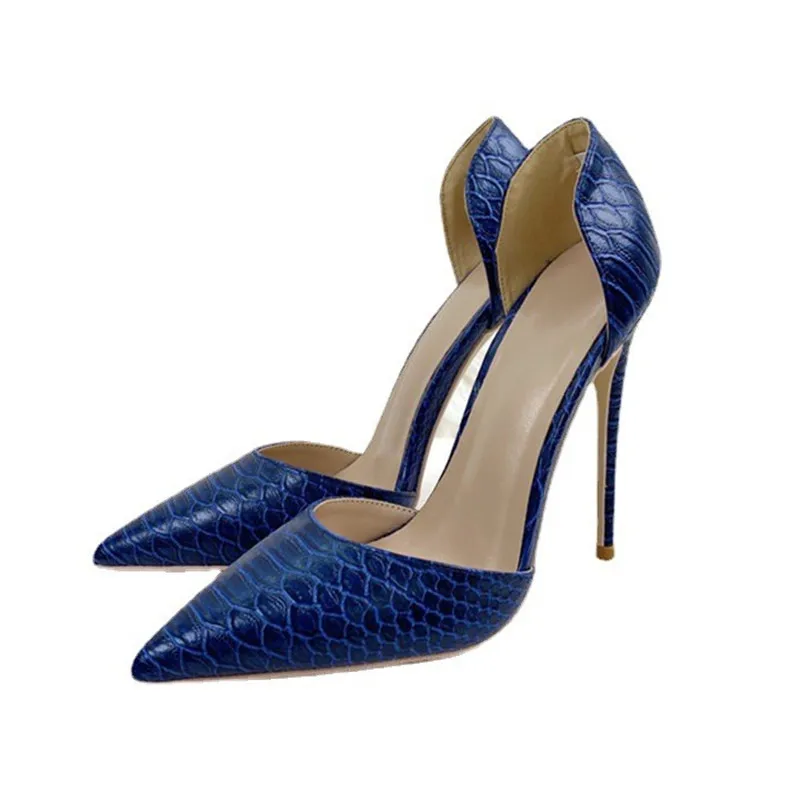 Ke Shang Jia  Navy Blue Crocodile Effect Pattern Women Sext Pointy Toe High Heel Shoes Chic Ladies Slip On Stiletto Pumps 33-45