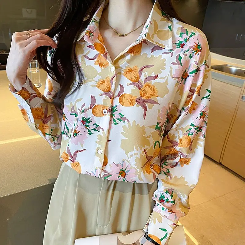 Spring Autumn New Fashion Turn-down Collar Long Sleeve Floral Blouse Women\'s Clothing Vintage Port Wind Simplicity Thin Shirts